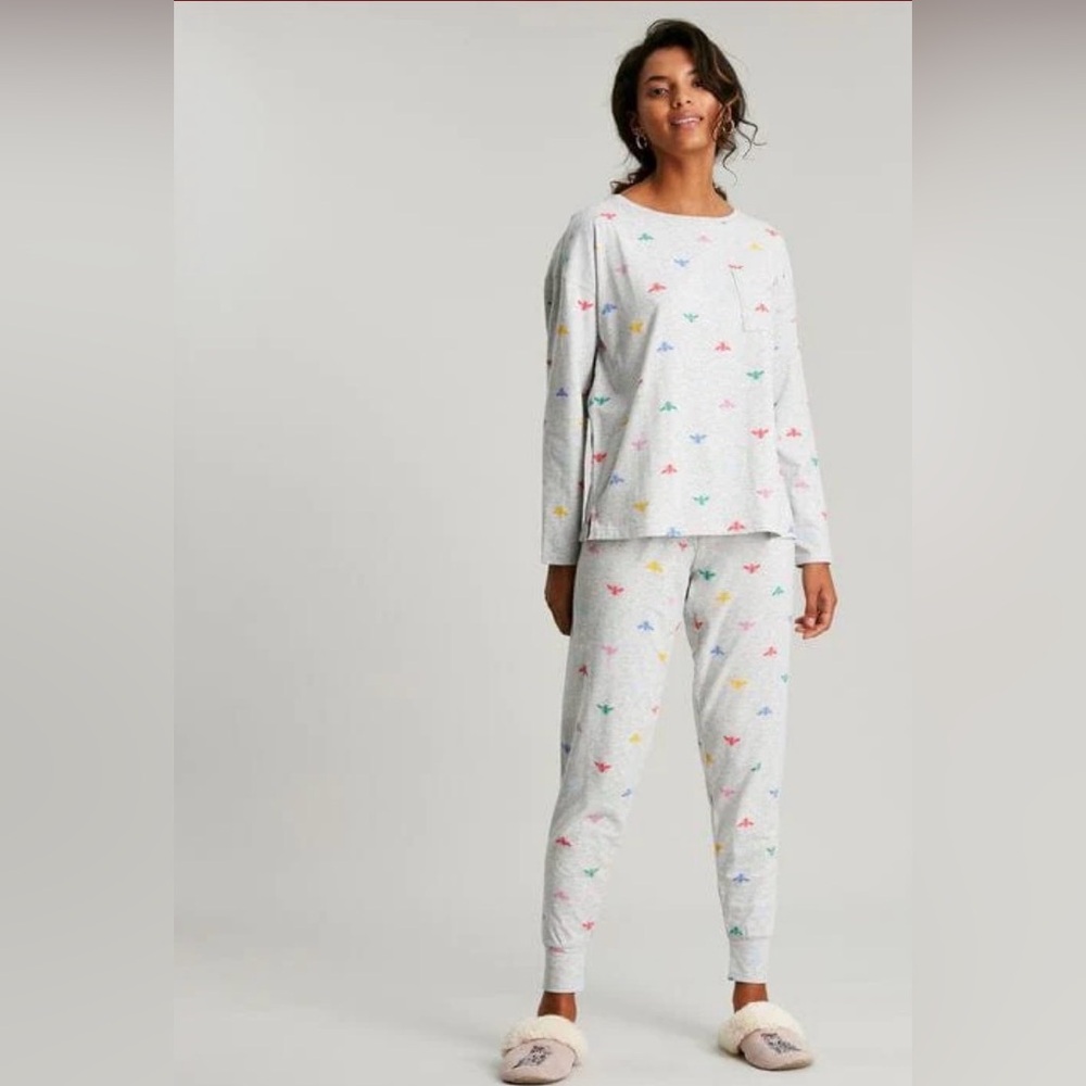 Joules Light Gray Pajama Set with Multicolor Tiny Butterfly Print